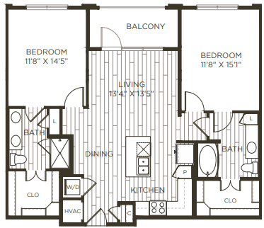 Floor plan for 2 beds, 2 baths, 1134 sqft